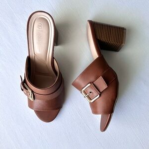 Chunky Brown Buckle Leather Heels